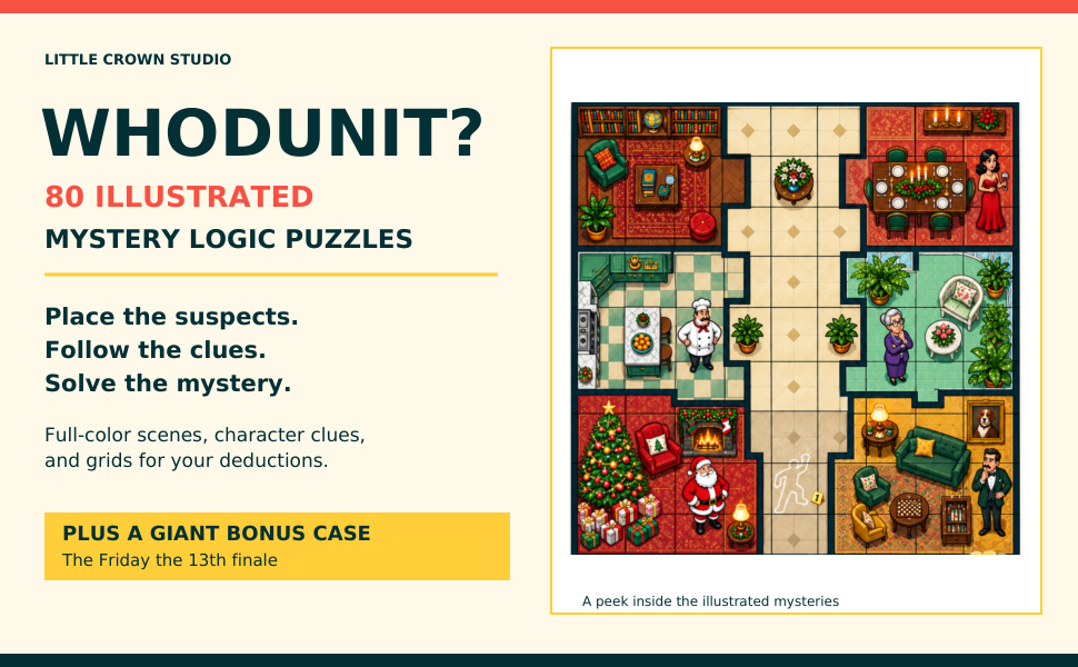 WHODUNIT? illustrated mystery logic puzzles promotional graphic with bonus Friday the 13th finale