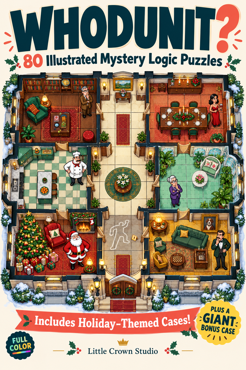 WHODUNIT? 80 Illustrated Murder Mystery Logic Puzzles book cover by Little Crown Studio